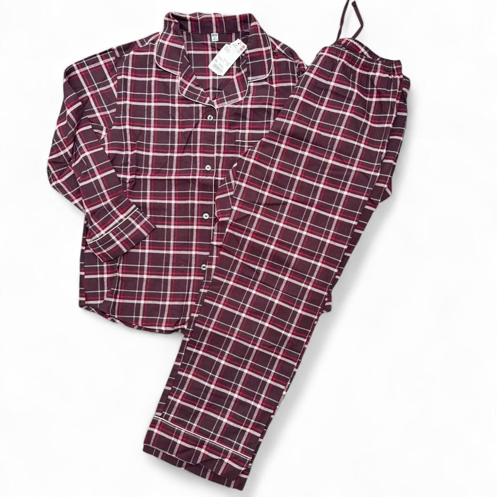 UNIQLO Wine Plaid Long Sleeve Pajama Set 100% Cotton Burgundy Pink XL NEW
